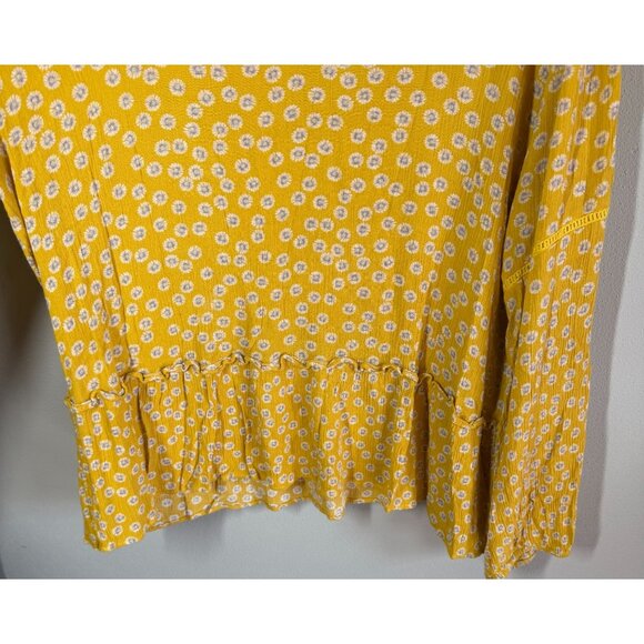 Pleione Yellow Floral Tiered V-Neck Blouse Womens Large Boho Peasant Relaxed - Picture 4 of 12